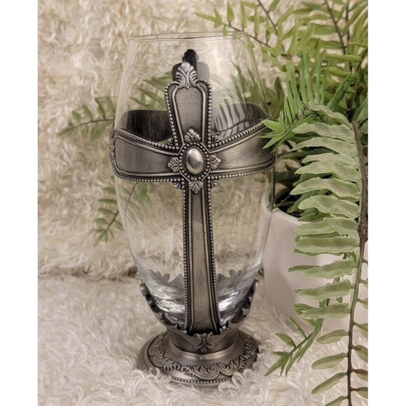 Vintage FTD Pewter and Glass Cross Urn Chalice Decorative Vase - Picture 1 of 16